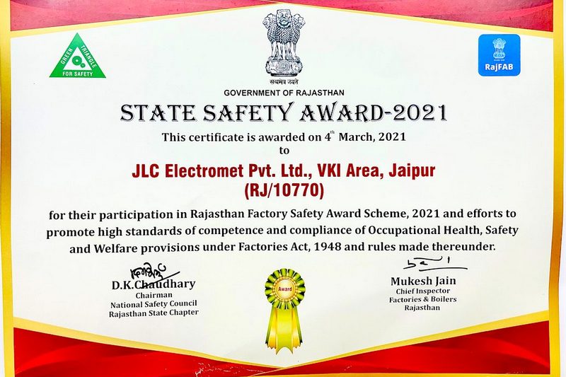 JLC Electromet Nickel Alloys recieves Rajasthan State Safety Award 2021 for high standards of occupational health, safety and welfare from State Government of Rajasthan India.