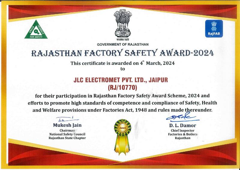 JLC Electromet Nickel Alloys recieves Rajasthan State Safety Award 2024 for high standards of occupational health, safety and welfare from State Government of Rajasthan.